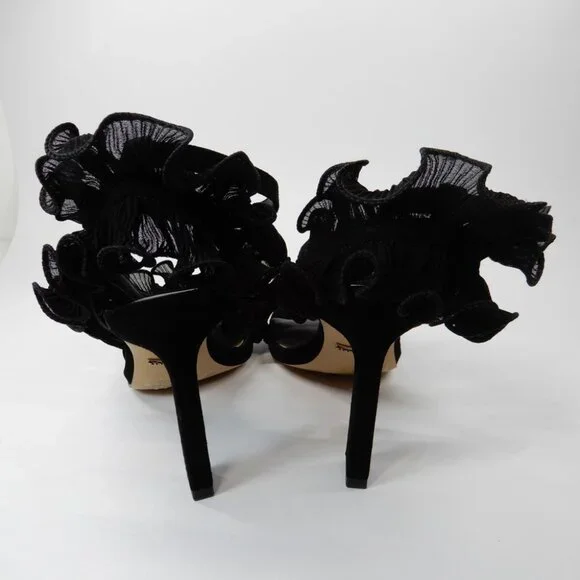 Gianni Bini Franz Sandals High Heels Size 6 Black Suede Chiffon Ruffle NEW - Picture 10 of 15